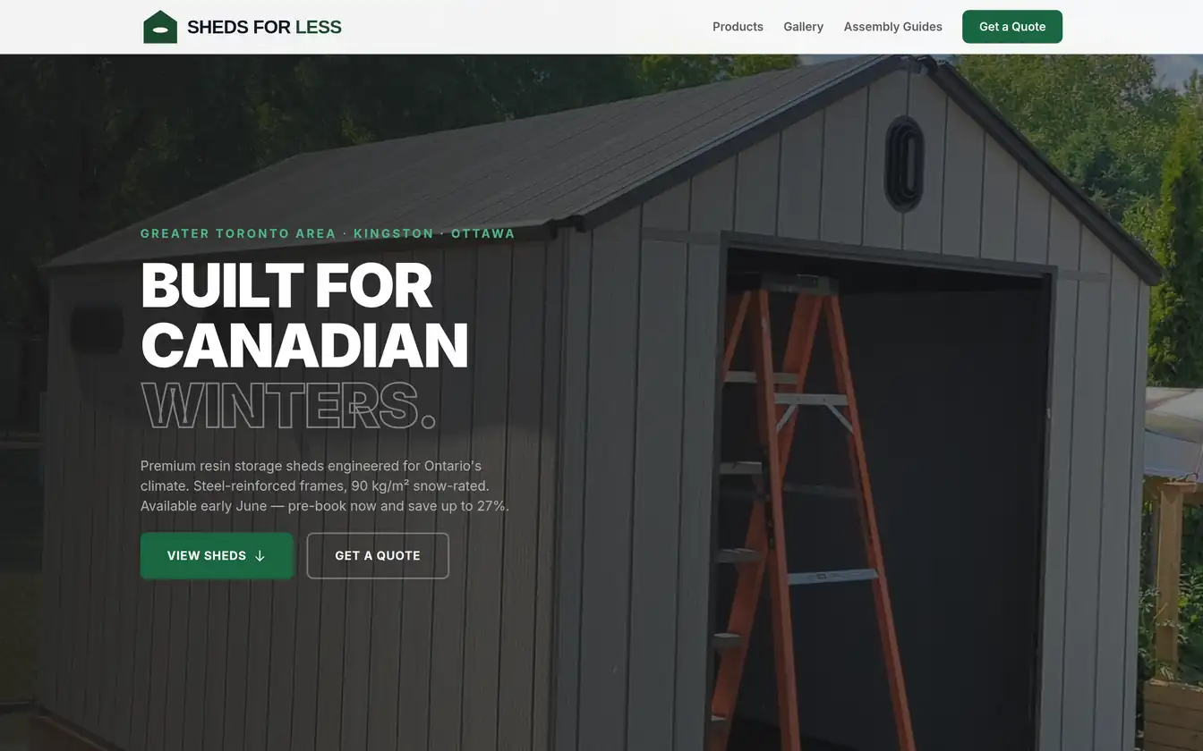 The Sheds For Less public website: hero section with the headline Built for Canadian Winters and calls to action for viewing sheds and requesting a quote