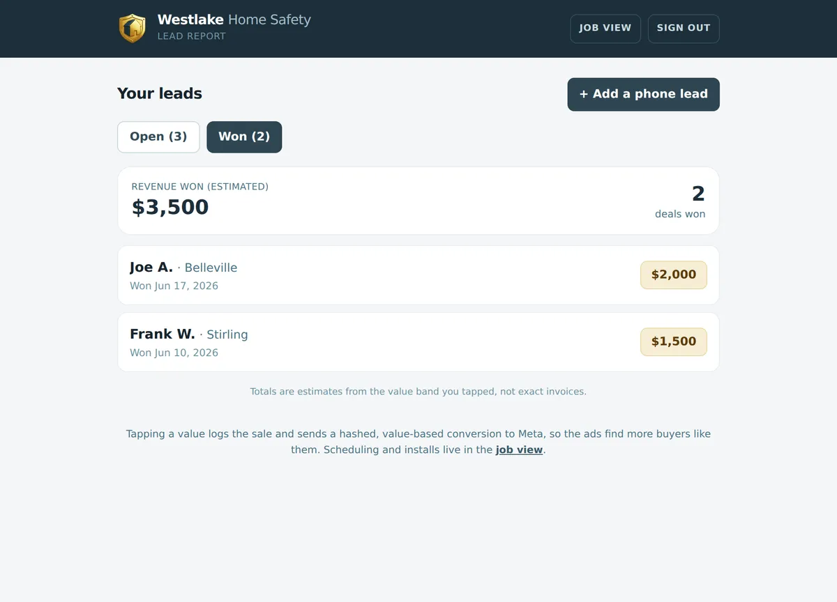 The Westlake lead portal Won view: an estimated revenue tally, each won deal tagged with the dollar value the owner tapped, and a note that tapping a value sends a hashed, value-based conversion to Meta