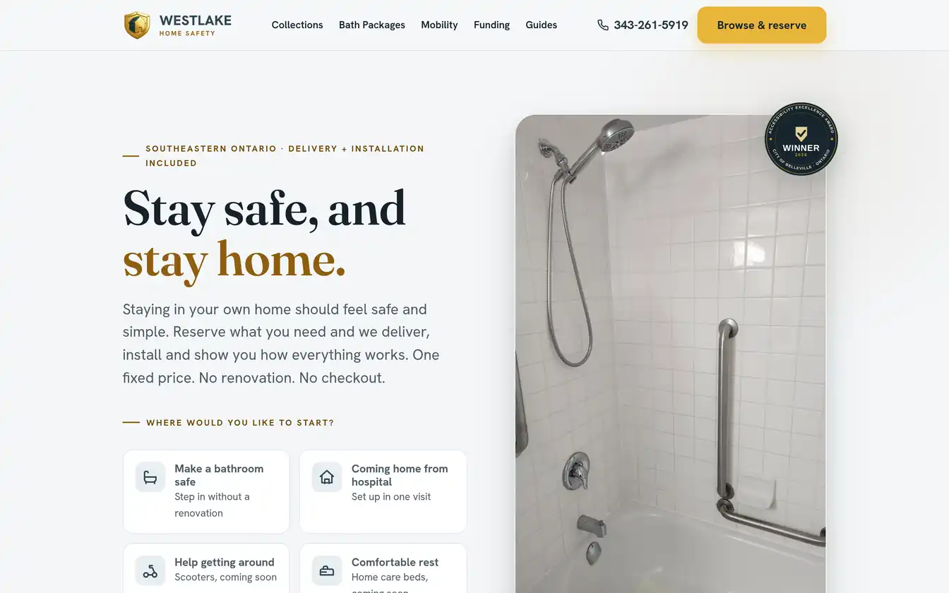 The Westlake Home Safety website: large-type hero reading Stay safe, and stay home, outcome-based starting points such as Make a bathroom safe, and the City of Belleville Accessibility Excellence Award badge